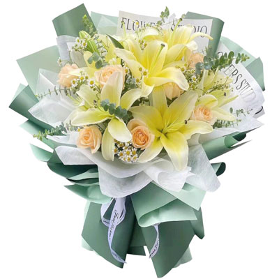 铁岭9朵香槟玫瑰黄色百合，每天充满活力